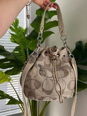 Coach Beige Signature Drawstring Bucket Bag